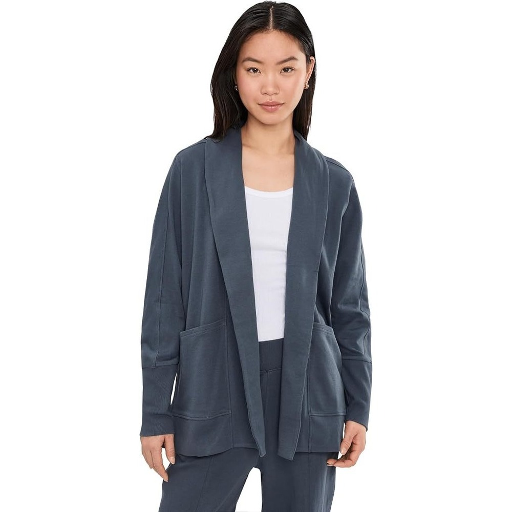 PACT Cardigan Airplane Wrap S Steel Blue Organic Cotton Shawl Collar Pockets
